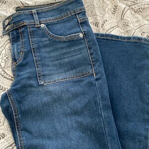 Dark Blue Jeans Low rise boot cut flair distressed zipper and button tab 9
